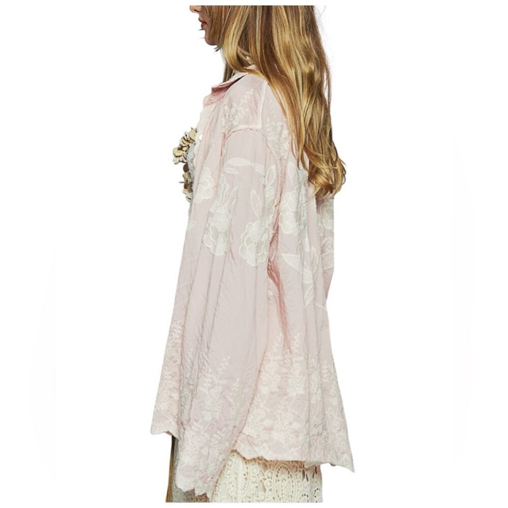 Women’s Pink Cream Floral & Lace Embroidered Long Sleeve Button Blouse/Shacket - Picture 3 of 3